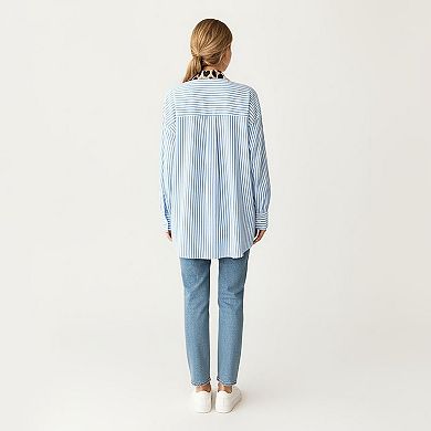 Women's Long Sleeve Button Down Shirt with Mixed Print Design Stripe Panel Relaxed Fit