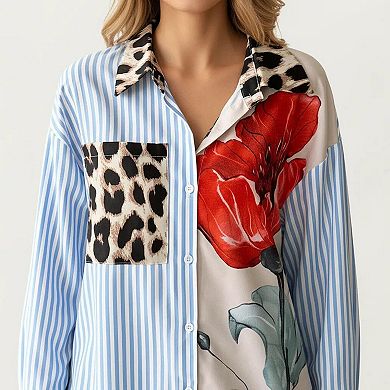 Women's Long Sleeve Button Down Shirt with Mixed Print Design Stripe Panel Relaxed Fit