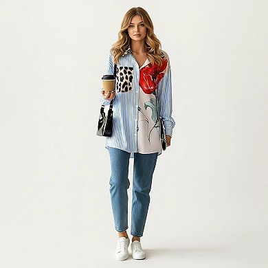 Women's Long Sleeve Button Down Shirt with Mixed Print Design Stripe Panel Relaxed Fit