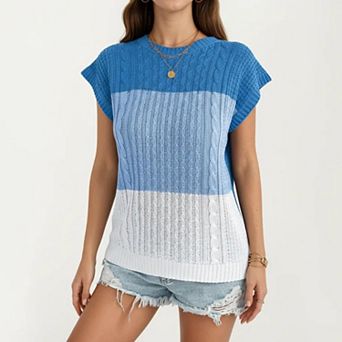 Women's Short Sleeve Knit Top with Color Block Design Crew Neck Textured Cable Lightweight Fabric