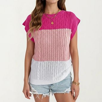 Women's Short Sleeve Knit Top with Color Block Design Crew Neck Textured Cable Lightweight Fabric