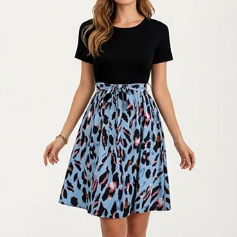 Women's Short Sleeve Mixed Media Dress with Solid Knit Top Leopard Print Skirt Tie Waist