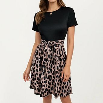 Women's Short Sleeve Mixed Media Dress with Solid Knit Top Leopard Print Skirt Tie Waist
