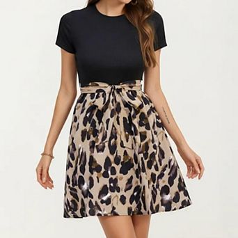 Women's Short Sleeve Mixed Media Dress with Solid Knit Top Leopard Print Skirt Tie Waist