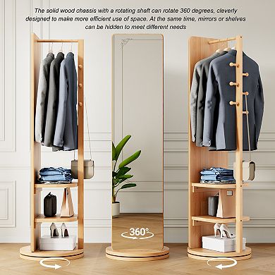 TOEMOA 360-Degree Rotating Full-Length Mirror with Integrated Storage Hooks