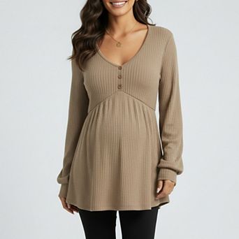Women's Maternity Ribbed Knit Long Sleeve Tunic Top with Button Front V Neck Empire Waist Shirt