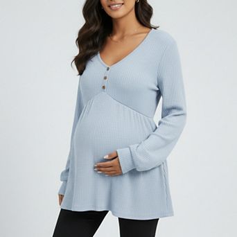 Women's Maternity Ribbed Knit Long Sleeve Tunic Top with Button Front V Neck Empire Waist Shirt