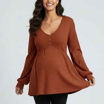 Women's Maternity Ribbed Knit Long Sleeve Tunic Top with Button Front V Neck Empire Waist Shirt