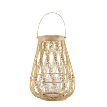 TOEMOA Handmade Bamboo Lantern with Glass Hurricane and Rope Handle