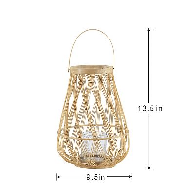 TOEMOA Handmade Bamboo Lantern with Glass Hurricane and Rope Handle