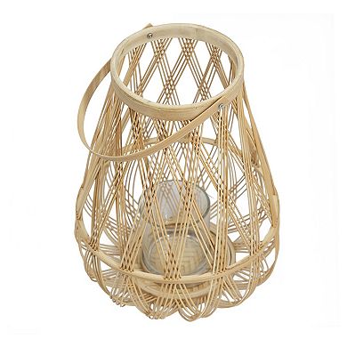 TOEMOA Handmade Bamboo Lantern with Glass Hurricane and Rope Handle