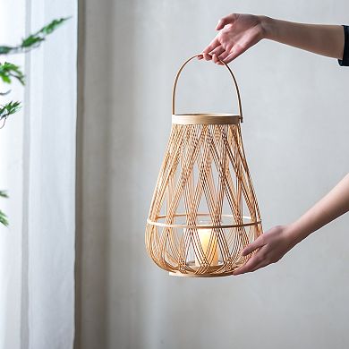 TOEMOA Handmade Bamboo Lantern with Glass Hurricane and Rope Handle