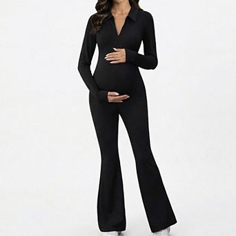Women's Maternity Long Sleeve Jumpsuit with Stretch Fabric Flare Leg Fitted Comfortable Design