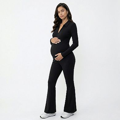 Women's Maternity Long Sleeve Jumpsuit with Stretch Fabric Flare Leg Fitted Comfortable Design