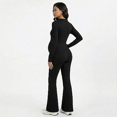 Women's Maternity Long Sleeve Jumpsuit with Stretch Fabric Flare Leg Fitted Comfortable Design