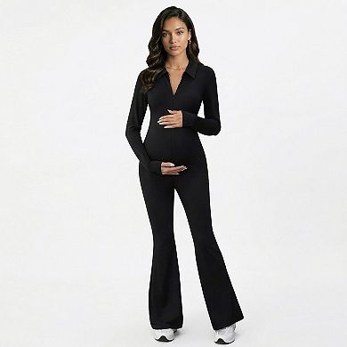 Women's Maternity Long Sleeve Jumpsuit with Stretch Fabric Flare Leg Fitted Comfortable Design