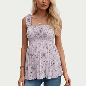 Women's Maternity Floral Sleeveless Babydoll Top with Ruffle Straps Smocked Bust Flowy Tunic Blouse
