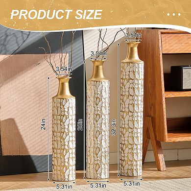 TOEMOA Graduated Height Metal Vase Set with Gold Leaf Pattern for Modern Home Decor