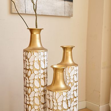 TOEMOA Graduated Height Metal Vase Set with Gold Leaf Pattern for Modern Home Decor