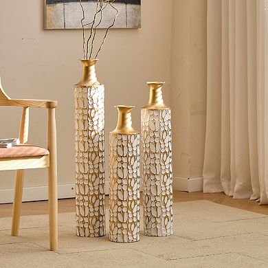 TOEMOA Graduated Height Metal Vase Set with Gold Leaf Pattern for Modern Home Decor