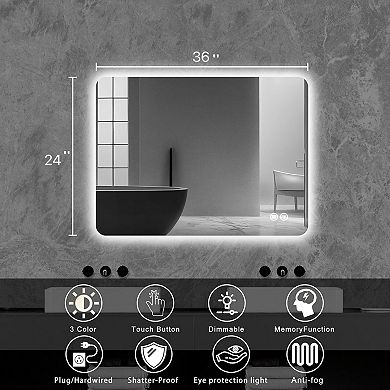 TOEMOA Modern Rectangular LED Bathroom Mirror with Anti-Fog and Adjustable Lighting