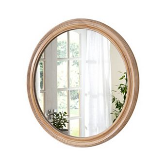 TOEMOA 27.5 Inch Round Wall Mirror with Distressed Wooden Frame for Home Decor