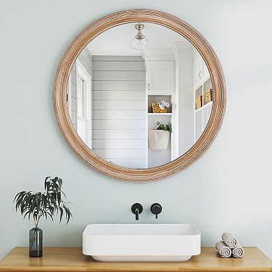 TOEMOA 27.5 Inch Round Wall Mirror with Distressed Wooden Frame for Home Decor