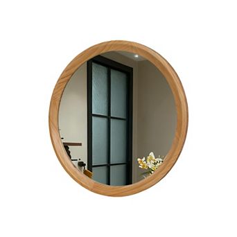 TOEMOA Round Minimalist Wall Mirror with Natural Wood Frame for Home Decor