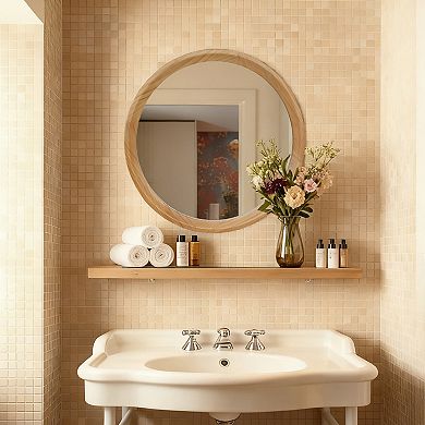TOEMOA Round Minimalist Wall Mirror with Natural Wood Frame for Home Decor