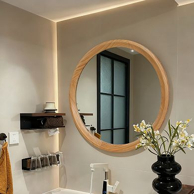 TOEMOA Round Minimalist Wall Mirror with Natural Wood Frame for Home Decor