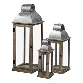 TOEMOA Set of 3 Natural Wood and Metal Lanterns with Clear Glass Panels
