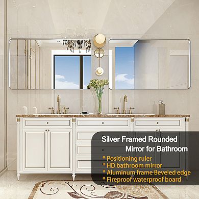 TOEMOA Brushed Silver Rectangular Wall Mirror with Rounded Corners Metal Frame