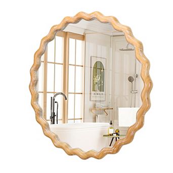 TOEMOA 27.5 Inch Round Wavy Frame Distressed Wooden Wall Mirror for Home Decor