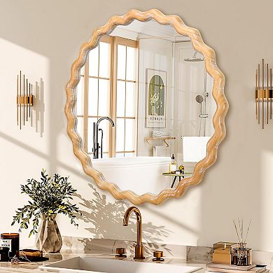 TOEMOA 27.5 Inch Round Wavy Frame Distressed Wooden Wall Mirror for Home Decor