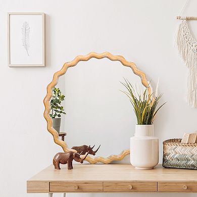 TOEMOA 27.5 Inch Round Wavy Frame Distressed Wooden Wall Mirror for Home Decor