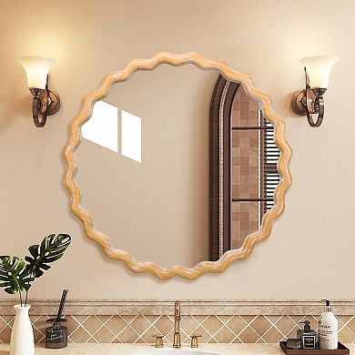 TOEMOA 27.5 Inch Round Wavy Frame Distressed Wooden Wall Mirror for Home Decor
