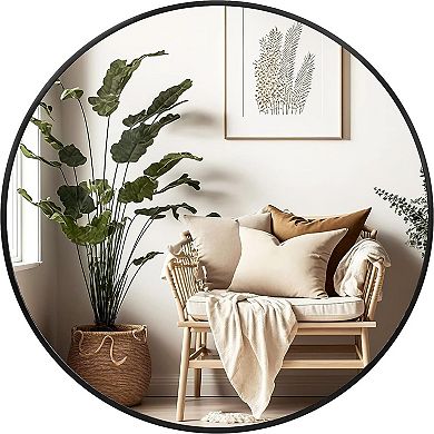 TOEMOA 36 Inch Round Metal Framed Bathroom Mirror with Shatterproof Design