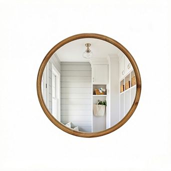 TOEMOA 35 Inch Round Natural Wood Framed Decorative Wall Mirror Modern Accent