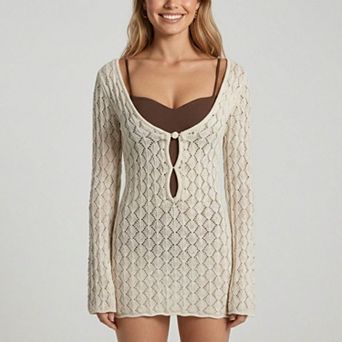 Women's Long Sleeve Open Knit Swim Cover Up Dress with Scoop Neck Cutout Front Bodycon Beachwear