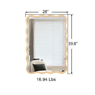 TOEMOA Modern Wave Design Solid Wood Rectangle Wall Mirror HD Reflection