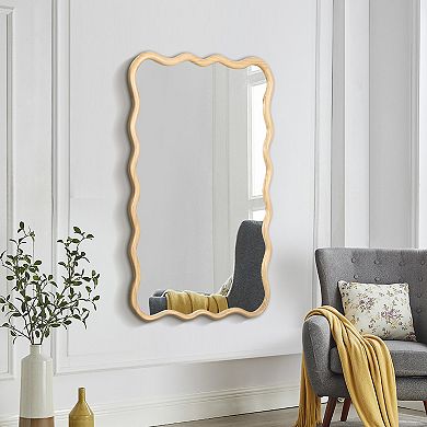 TOEMOA Modern Wave Design Solid Wood Rectangle Wall Mirror HD Reflection