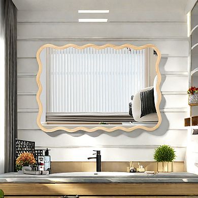 TOEMOA Modern Wave Design Solid Wood Rectangle Wall Mirror HD Reflection