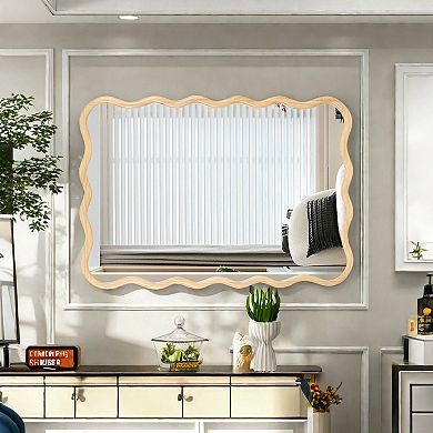 TOEMOA Modern Wave Design Solid Wood Rectangle Wall Mirror HD Reflection
