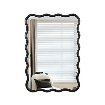 TOEMOA Modern Wave Design Solid Wood Rectangle Wall Mirror HD Reflection