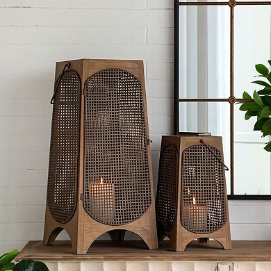 TOEMOA Vintage Metal Lantern Set with Textured Mesh Panels and Arched Legs