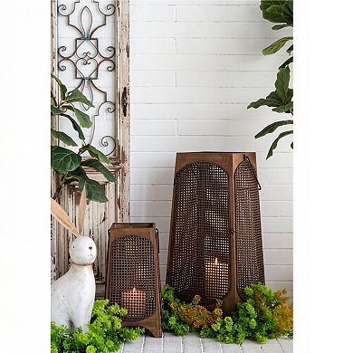 TOEMOA Vintage Metal Lantern Set with Textured Mesh Panels and Arched Legs