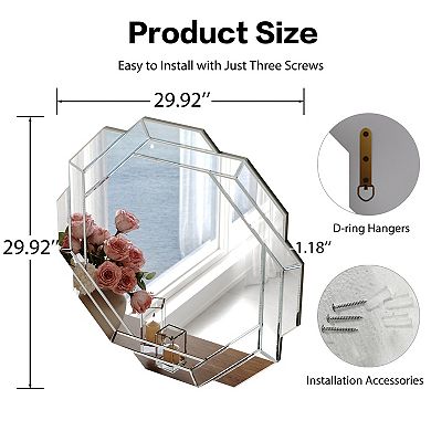 TOEMOA Large Octagonal Frameless Wall Mirror with Beveled Edge Design