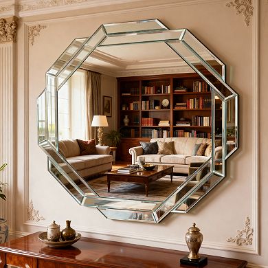 TOEMOA Large Octagonal Frameless Wall Mirror with Beveled Edge Design