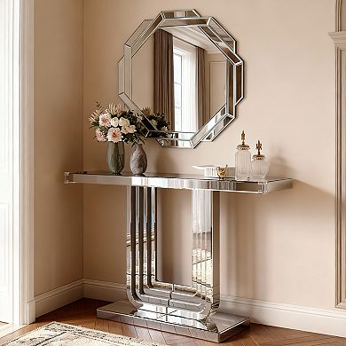 TOEMOA Large Octagonal Frameless Wall Mirror with Beveled Edge Design