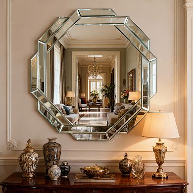 TOEMOA Large Octagonal Frameless Wall Mirror with Beveled Edge Design